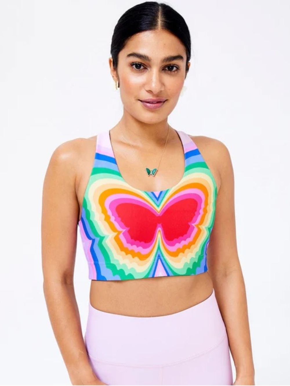 Terez Psychedelic Butterfly Duoknit Sports Bra in Pink Rainbow, S